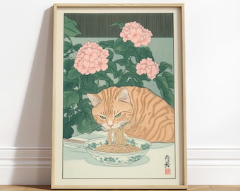 Gato atigrado pelirrojo comiendo fideos: Impresión ukiyo-e, arte japonés
