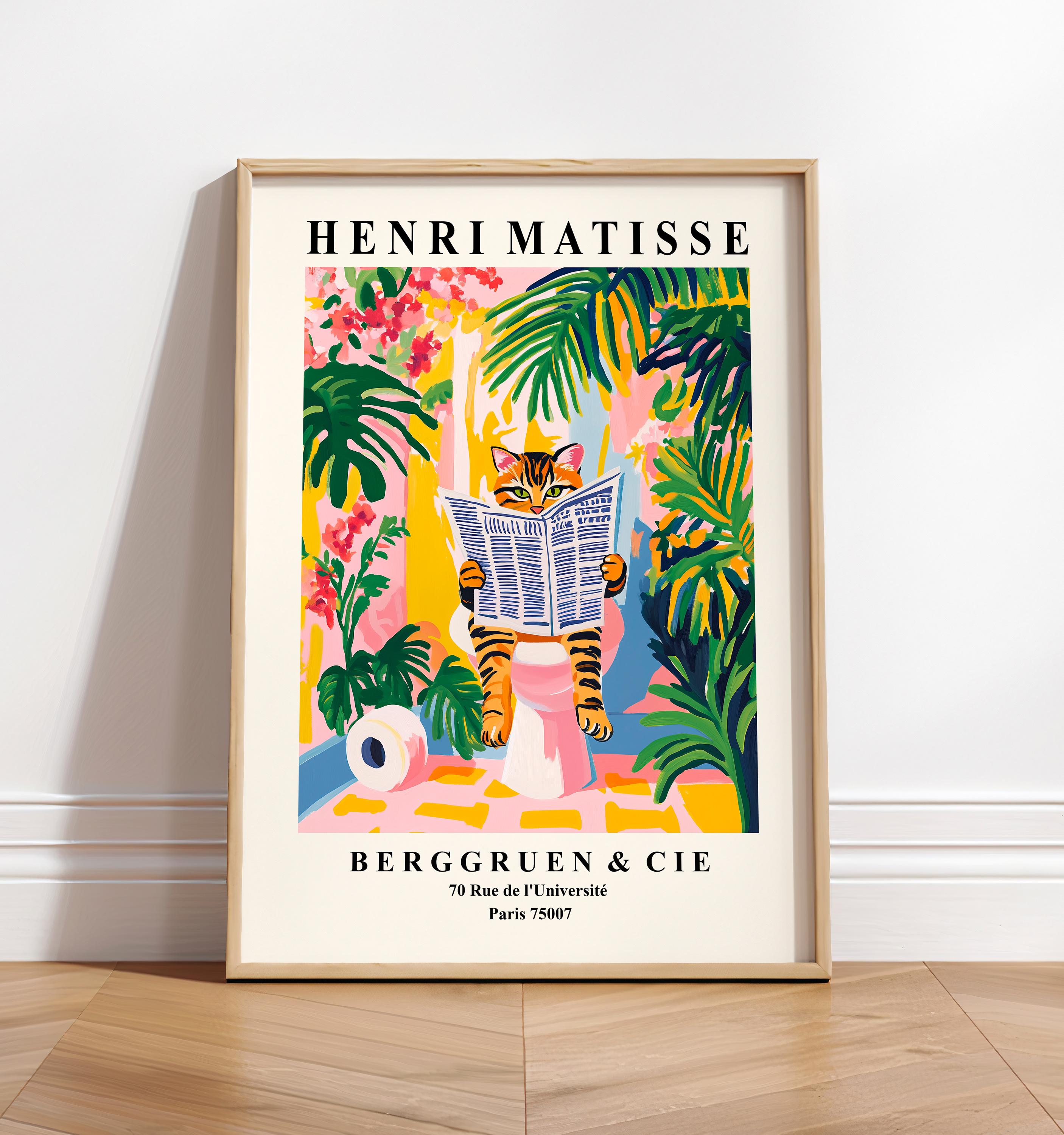 Tabby cat on a toilet, Funny bathroom wall art, Matisse print, Pink dopamine decor, Mid century modern art