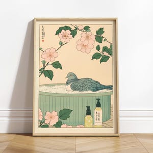 Obra de arte estética para el baño, paloma en una bañera, impresión artística de pájaro japonés, arte Ukiyo-e, hermoso arte de pared beige