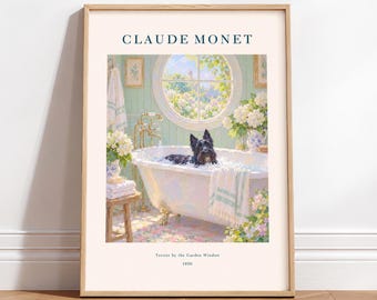 Scottish Terrier Wall Art, Monet Style Poster, Floral Dog Print, Bathroom Decor