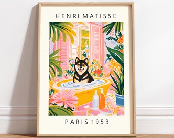 Black & Tan Shiba Inu Bathroom Art Print: Matisse Inspired Dog Decor