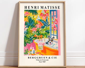 Lámina artística de corgi estilo Matisse: un divertido regalo para los amantes de los perros en el baño.