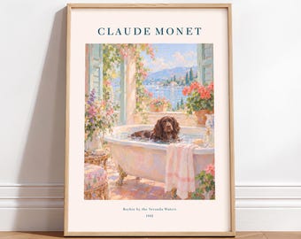 Monet Style Boykin Spaniel Print, Dog in Bathtub Wall Art, Floral Bathroom Poster