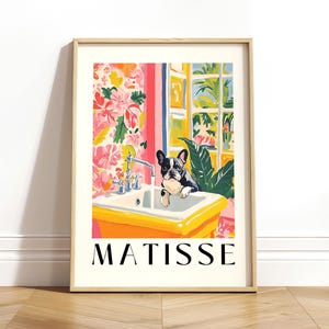 Impresión de bulldog francés en el baño, impresión decorativa de dopamina, póster "Lávate las patas", arte mural divertido de perros, pintura de Matisse, póster de estética rosa