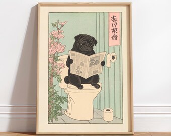 Pug Reading Newspaper Print: Japanese Dog Art, Funny Bathroom Decor