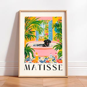 Labrador negro en la bañera, Póster divertido para el baño, Decoración de dopamina, Lámina artística de perro, Lámina de Matisse, Decoración tropical para el baño, Póster maximalista