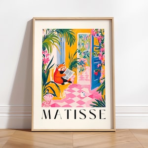 Panda rosso sul water, Divertente decorazione da parete per il bagno, Stampa di Matisse, Decorazione con dopamina