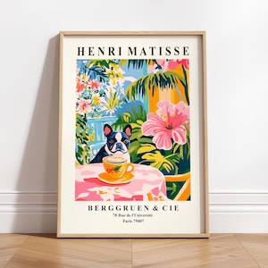 Boston Terrier buvant du café, art mural chien drôle, décor de dopamine rose, impression Henri Matisse, affiche maximaliste