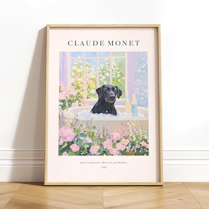 Stampa di un labrador nero in un bagno francese, stampa di Monet, arte murale dai colori pastello, stampa di metà secolo, regalo per cani, poster estetico