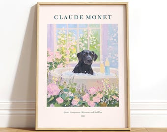 Black Lab in French Bathroom Art Print: Monet Style Dog Poster
