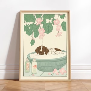 May include: A framed print featuring a dog relaxing in a washtub filled with bubbles. The dog has brown and white spots and is surrounded by pink flowers and green leaves. Two bottles are visible near the tub.