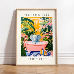 Affiche amusante d'éléphant dans la baignoire, art mural tropical de salle de bain, décoration dopamine, impression Henri Matisse, impression d'art rose plage