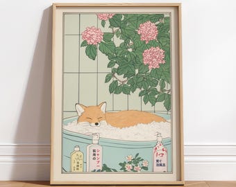 Fox in bathtub, Japanese aesthetic bathroom wall art, Japan art print, Japandi decor, Minimalist neutral wall art