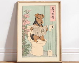 Welsh Terrier Ukiyo-e Print: Funny Bathroom Wall Art, Japanese Dog Poster