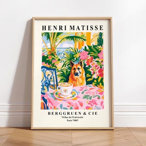 Lámina artística de pastor alemán, póster de café, lámina de perro divertido, lámina de Henri Matisse, decoración de dopamina, póster maximalista, vibraciones de verano rosa