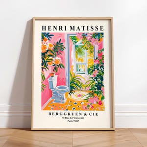 Art mural de toilettes tropicales, affiche de salle de bain drôle, art de Matisse, déco dopamine maximaliste rose