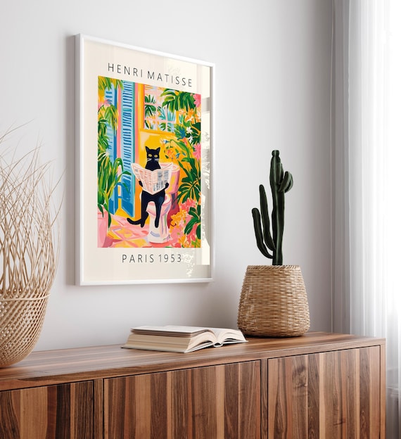 トイレの黒猫：マティススタイルのバスルームプリント、面白い