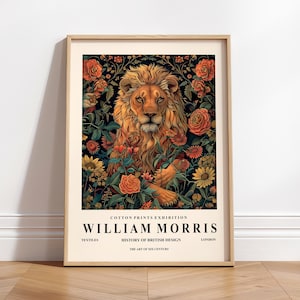 William Morris Druck, Florales Löwenplakat, dunkle botanische Wandkunst, Vintage Wohnkultur