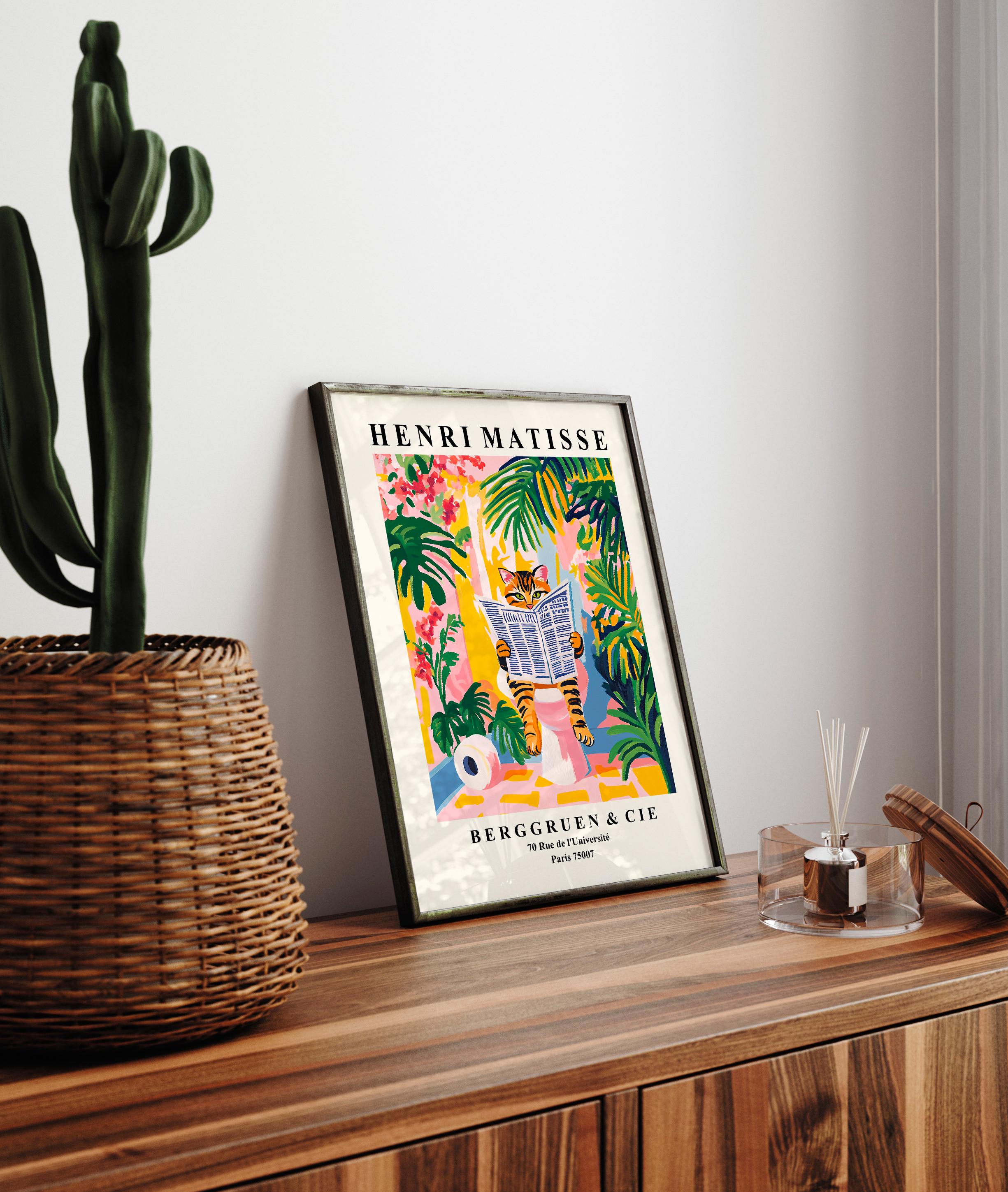 Tabby cat on a toilet, Funny bathroom wall art, Matisse print, Pink dopamine decor, Mid century modern art