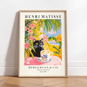 黒猫がコーヒーを飲むポスター、面白い猫の壁アート、アンリ・マティスの版画、キッチンの装飾、美しいダイニングルームの壁アート