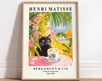 Plakat „Czarny kot pijący kawę”: wydruk kuchenny w stylu Henri Matisse’a