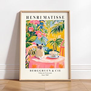 Gatto siamese che beve caffè, Divertente decorazione da cucina, Stampa artistica di caffè espresso, Poster di gatti, Stampa di Henri Matisse, Decorazione estetica per la sala da pranzo
