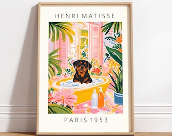 Matisse Style Black & Mahogany Rottweiler Bathroom Wall Art: Funny Dog Print