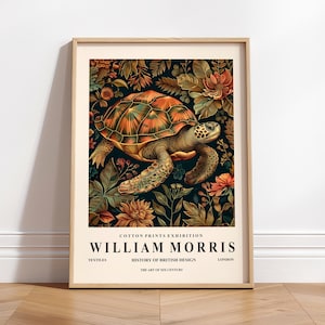 Arte de tortugas marinas, impresión de William Morris, póster de exposición moderna de mediados de siglo, decoración botánica playera oscura