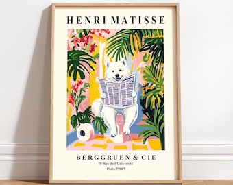 Samoyed on Toilet Print: Mattise Style Bathroom Decor, Funny Dog Art