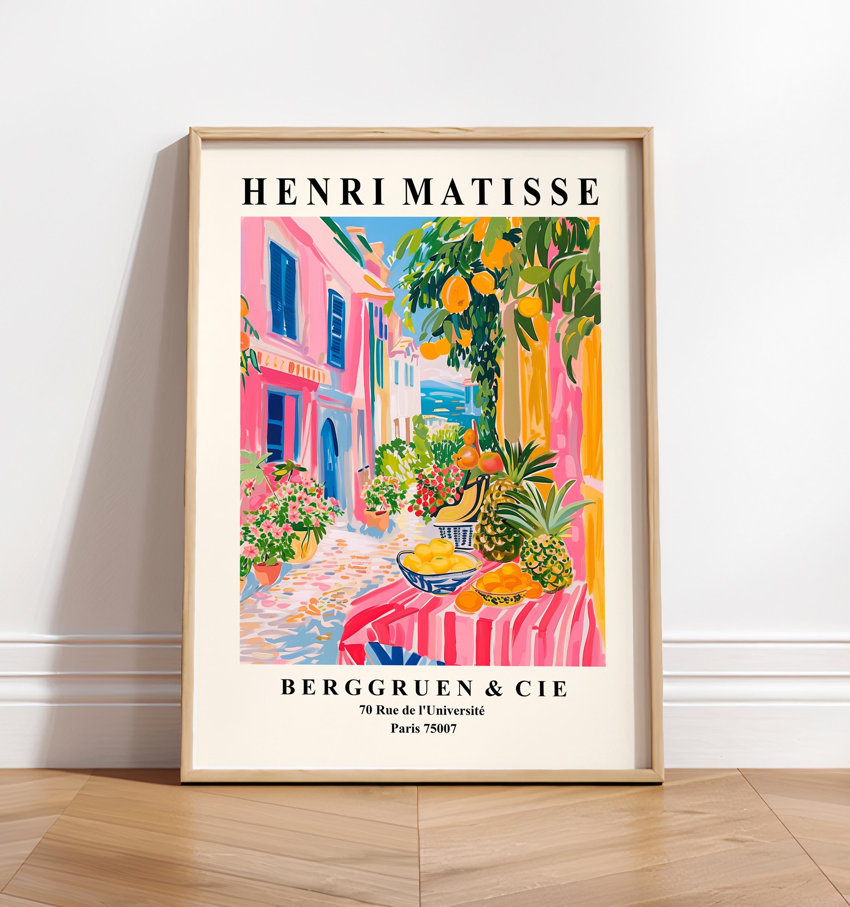 Kunst aan de muur fruitmarkt halverwege de eeuw, Henri Matisse-print, maximalistische poster, roze dopamine-decor
