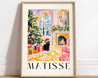 May include: A colorful painting of a Christmas scene with a decorated tree, presents, a fireplace, and a black cat wearing a Santa hat. The painting is titled "MATISSE".