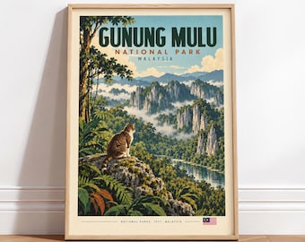 Malaysia Travel Poster – Gunung Mulu National Park Vintage Cat Art