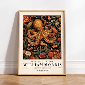Impression d'art de pieuvre, affiche de William Morris, art cottagecore sombre, décoration de plage, impression académique sombre, art mural botanique