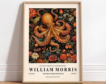 William Morris Octopus Art Print: Dark Cottagecore Botanical Decor