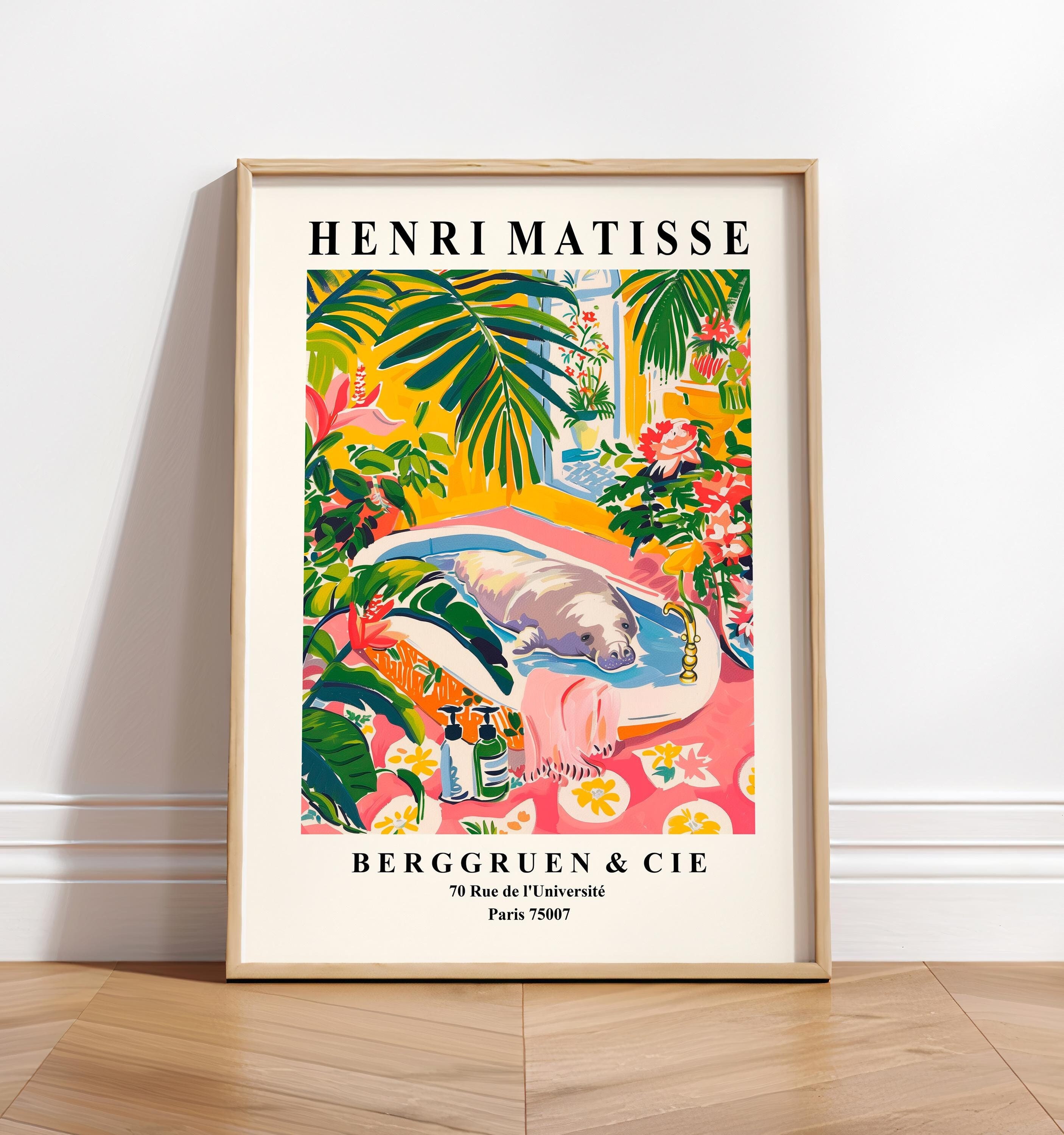 Manatee in Bathtub Art Print, Pink Tropical Bathroom Decor