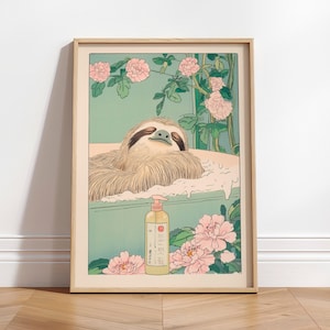 Stampa da bagno Japandi, poster divertente di bradipo in una vasca da bagno, stampa di animali esotici, arte murale giapponese, arredamento kawaii