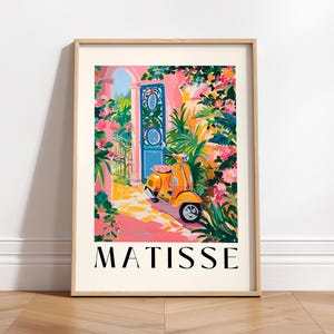 affiche de voyage vintage, impression de scooter italien, décoration rétro rose, art maximaliste