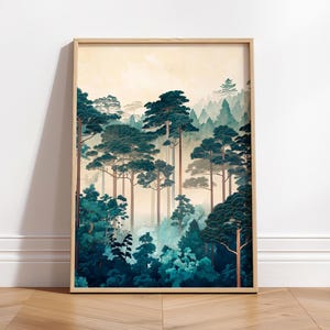 Ästhetischer japanischer Walddruck, Grün-blaue Wandkunst, Landschaftsmalerei, Japandi Kunstdruck