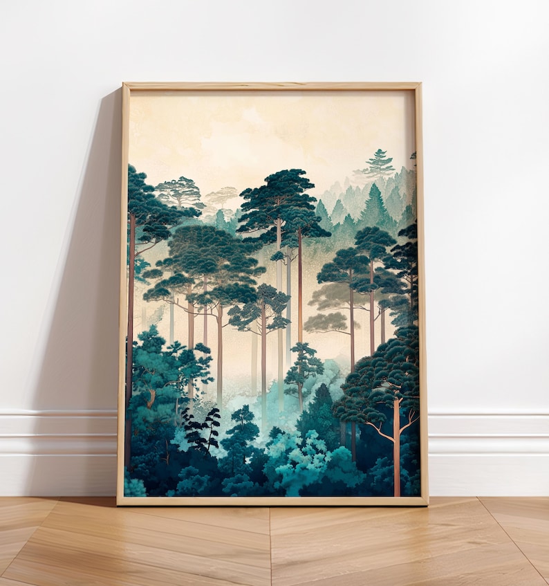 May include: A framed print of a forest scene with tall, dark green trees and a misty background. The trees are painted in a stylized, almost abstract way, with a focus on their shapes and textures.