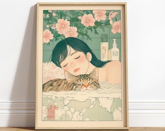 Ukiyo-e Woman and Tabby Cat Art: Japanese Bathroom Print