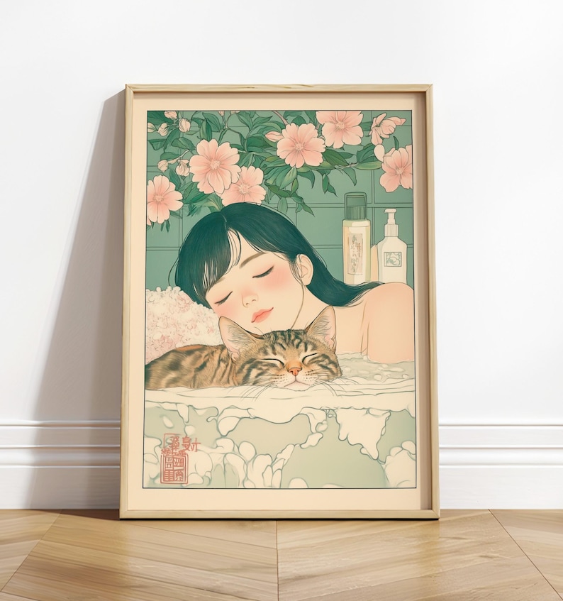 Ukiyo-e Woman and Tabby Cat Art: Japanese Bathroom Print - Etsy