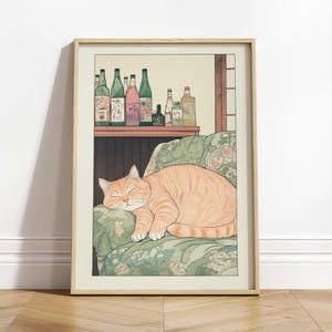 Sleeping Tabby Cat Print: Ukiyo-e Japanese Bedroom Wall Art