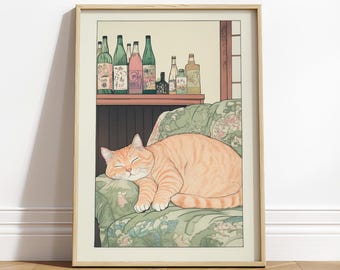 Impresión de gato atigrado durmiendo: arte de pared japonés Ukiyo-e para dormitorio