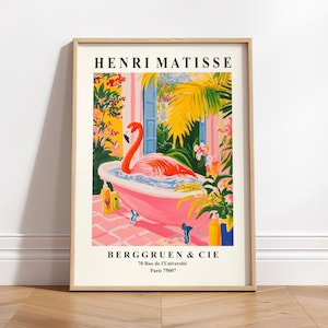 Affiche drôle de flamant rose dans la baignoire, art mural rose de salle de bain, impression d'art d'oiseau, décor de dopamine, impression d'Henri Matisse, art mural maximaliste