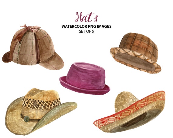 Watercolor hats clip art - Vintage fashion clipart - Watercolor accessories  illustration