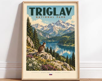 70s Triglav National Park Travel Print – Slovenia alpine landscape, Cat Poster