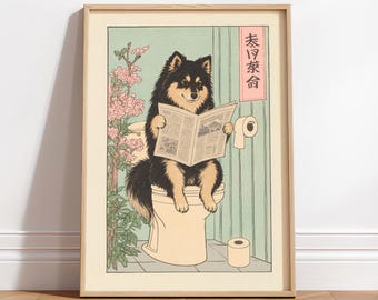 Funny Finnish Lapphund Bathroom Print: Japanese Ukiyo-e Dog Wall Art