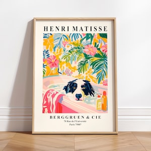Arte mural de Border Collie, póster estético, decoración divertida para el baño, lámina rosa de Matisse, lámina de arte bohemio.