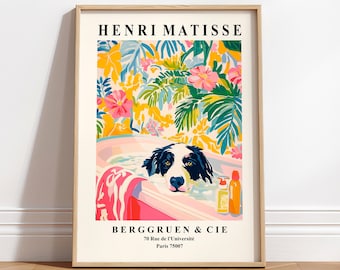 May include: A colorful poster featuring a black and white dog in a bathtub with a tropical floral background. The poster is titled "Henri Matisse" and includes the text "Berggruen & Cie 70 Rue de l'Université Paris 75007".