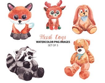 Cute nursery clipart - Plush toys watercolor images - Animal clip art